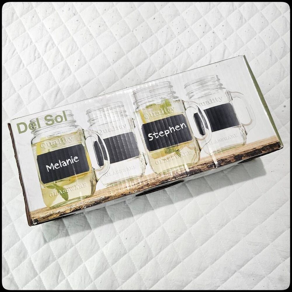 DEL SOL Set of 4 Mason Mugs with Chalkboards, 17oz, Summer Rustic Drink Glasses